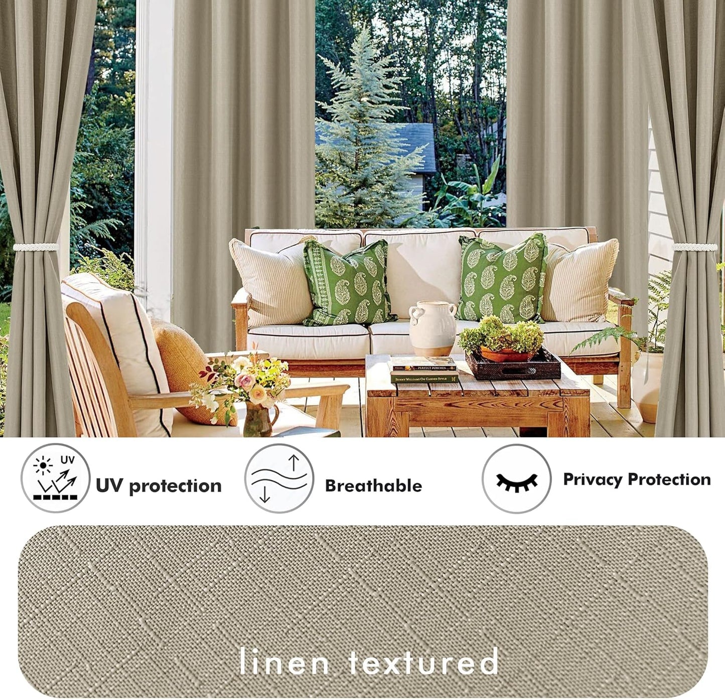 HolidayIdeas 6 Panels Linen Outdoor Curtains for Patio Waterproof Taupe Outside Curtains 54x84 Inch-Gazebo Curtains Weighted Weatherproof, Privacy for Pergola, Porch, Cabana, Deck, Sunroom, Backyard