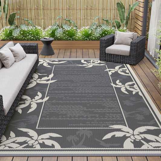 COCOER Outdoor-Rug 6x9 ft Waterproof Reversible Outdoor Plastic Straw Rug RV Indoor Outdoor Carpet Quick Dry Patio Rug Camping Mat for Balcony Backyard Picnic Beach-Grey&Beige