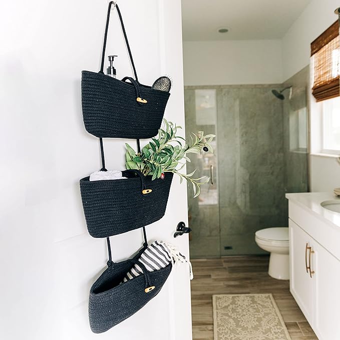 OrganiHaus Black Hanging Wall Baskets for Storage | Hanging Baskets for Bathroom Organizing | Behind Door Storage | Over the Door Basket | Nursery Storage Basket | Wall Hanging Basket for Organizing