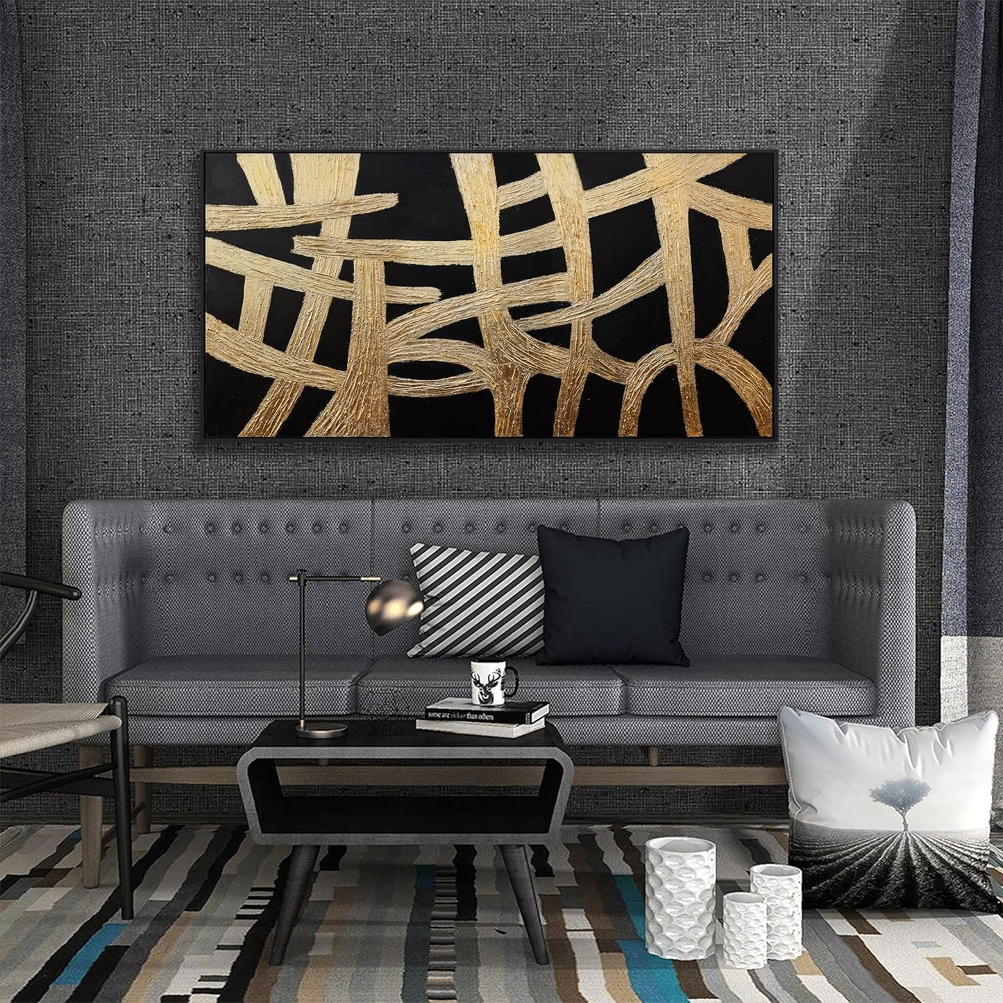 Canvas Wall Art Wall Decor Bedroom Pictures Artwork Abstract Wall Art Black And Gold Lines Texture Artwork Large Size Modern Painting Wall Decoration Pictures For Living Room Home Kitchen Office 29x58 Inch