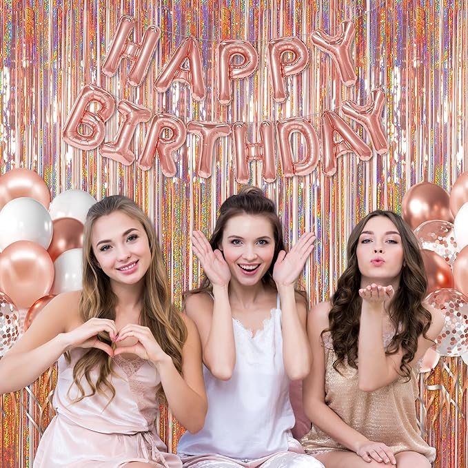 Foil Fringe Curtains Valentines Backdrop Party Decorations - Melsan 3 Pack 3.2 x 8.2 ft Tinsel Curtain Party Photo Backdrop for Birthday Party Baby Shower Rose Gold