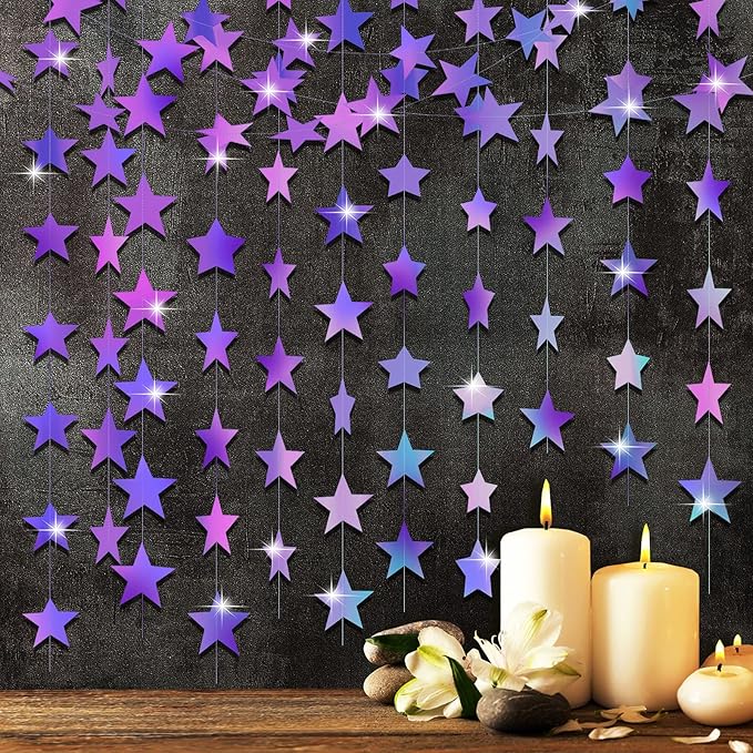 Patelai Glitter Star Garland Banner 2026 Graduation Decor 130 Feet Star Hanging Banner Twinkle Backdrop for Party Birthday Classroom Wedding Supplies(Holographic Purple)