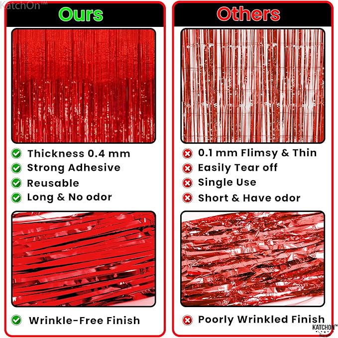 KatchOn, XtraLarge Red Streamers Backdrop - 3.2x8 Feet, Pack of 2 | Red Fringe Backdrop for Graduation Decorations 2026 | Foil Fringe for Birthday, Carnival, Casino Theme Party Decoration