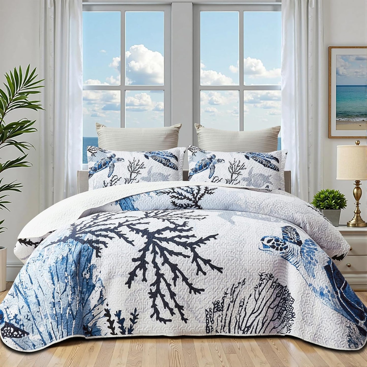 Coastal Bedding California King Size Coastal Quilt with 2 Shams, Nautical Beach Comforter Sets Ocean Bedspreads Blue Seaturtle Coverlet Summer Bedding, 106''x118''