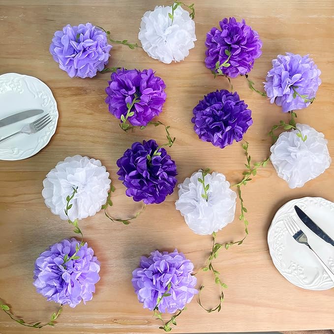 Ombre Purple White Party Decorations Lavender White Tissue Paper Flowers Pom Pom with Leaf Ribbon Hanging Garland Streamer for Birthday Baby Shower Bachelorette Wedding Lilac Violet Party Supplies