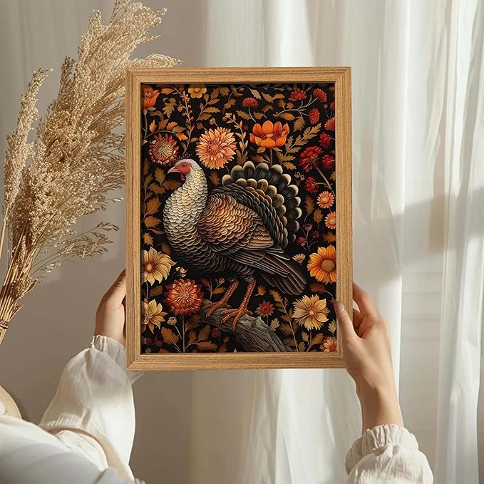 Framed Vintage Turkey 3D Textures Wall Art – Fall Floral Thanksgiving Wall Decor, Rustic Autumn Harvest Bird Artwork Painting for Living Room Kitchen Dining Room – 16x24in