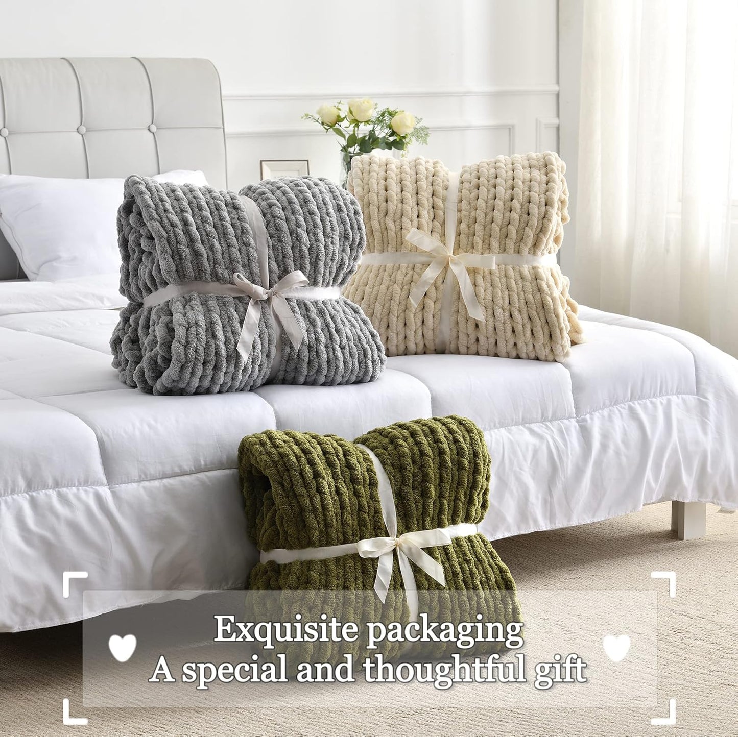Maetoow Tighter Version Chenille Chunky Knit Blanket Throw 50×60 Inch, Handmade Warm & Cozy Blanket Couch, Bed, Home Decor, Soft Fleece Banket, Boho Thick Blankets and Giant Yarn Throws，Olive Green