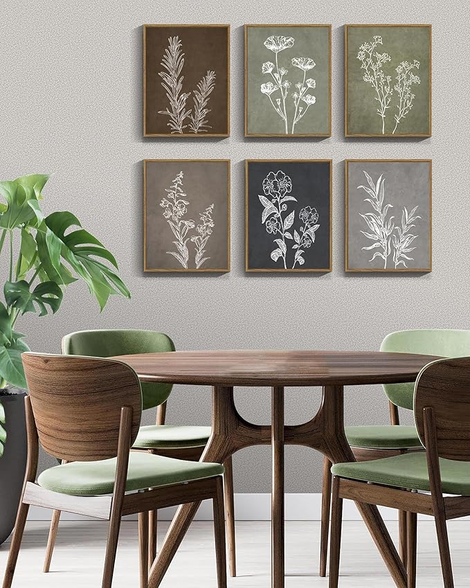Drsoum Botanical Wall Art Framed Boho Wall Art Decor Wooded Vintage Print Modern Farmhouse Home Kitchen Decor 11x14inx6pcs Neutral Framed