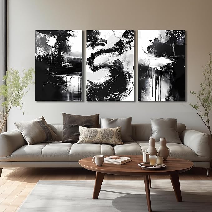 DNIEOTU Abstract Canvas Wall Art for Living Room, Black and White Wall-Decor for Bedroom, Modern Ink - Style Paintings for Hallway Office, Size 24 x 36 Inches 3-Piece