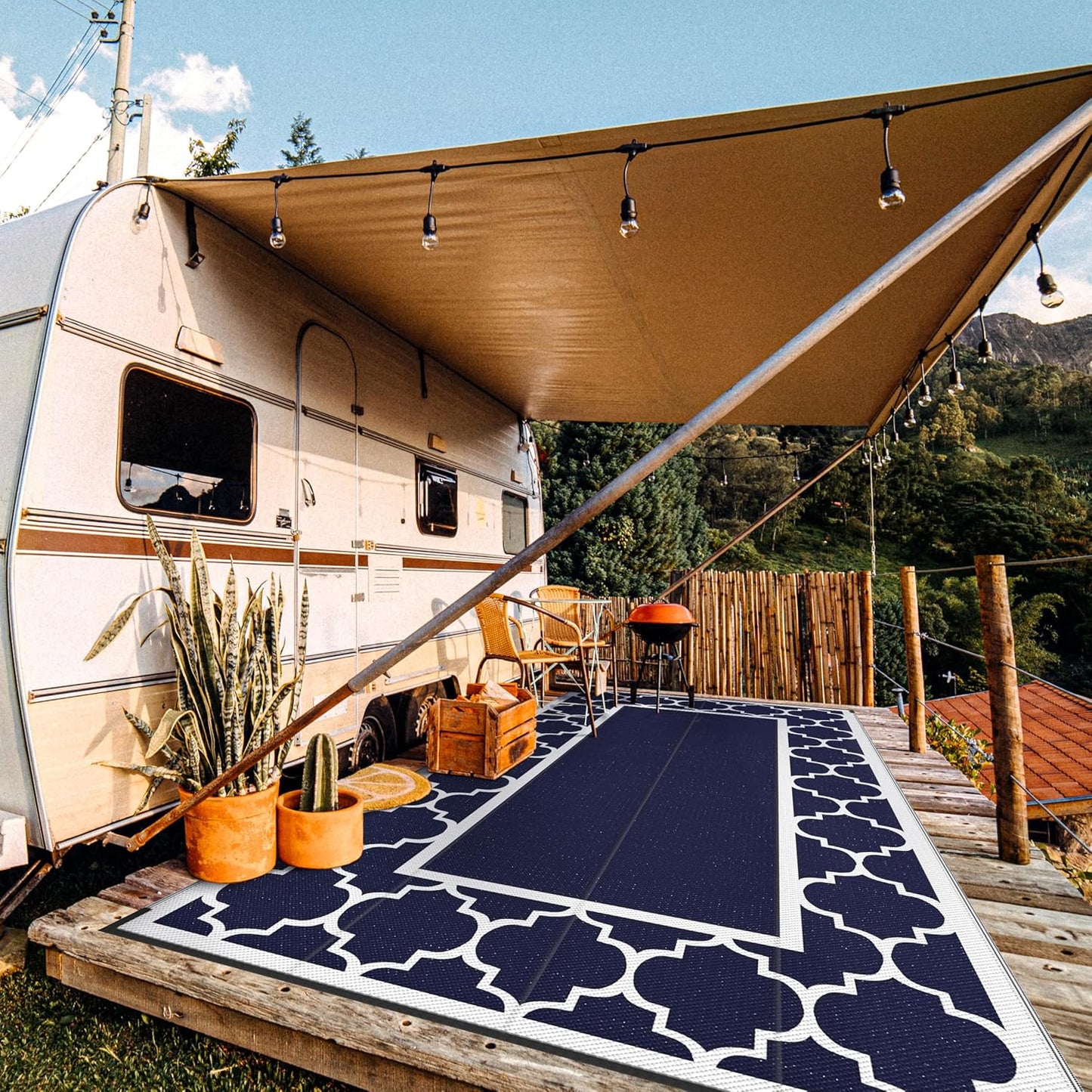 GENIMO 9' x 18' Outdoor Rug Waterproof for Patio, Foldable Reversible Plastic Straw Area Rugs Mat for Rv Decor, Outside Carpet for Camper, Deck, Picnic, Beach, Balcony, Porch, Blue & White