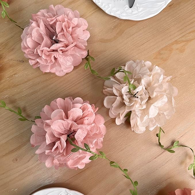 Dusty Pink Party Decorations Rose Gold Dusty Pink Beige Tissue Paper Flowers Pom Pom with Leaf Ribbon Hanging Garland Streamer for Birthday Baby Shower Wedding Bridal Shower Engagement Party Supplies