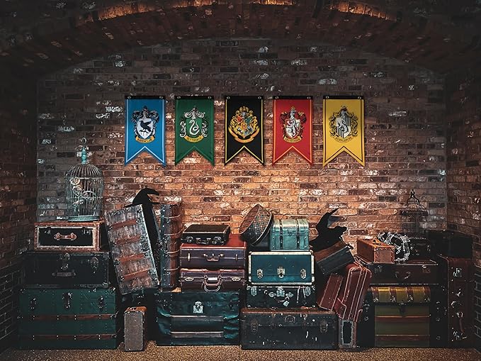Conquest Journals Harry Potter Wizarding House Banner Flag Set, 12'' x 20'' Polyester Flags, Set of 5 Includes Hogwarts Crest, Gryffindor, Slytherin, Ravenclaw & Hufflepuff Banners, Birthday Party