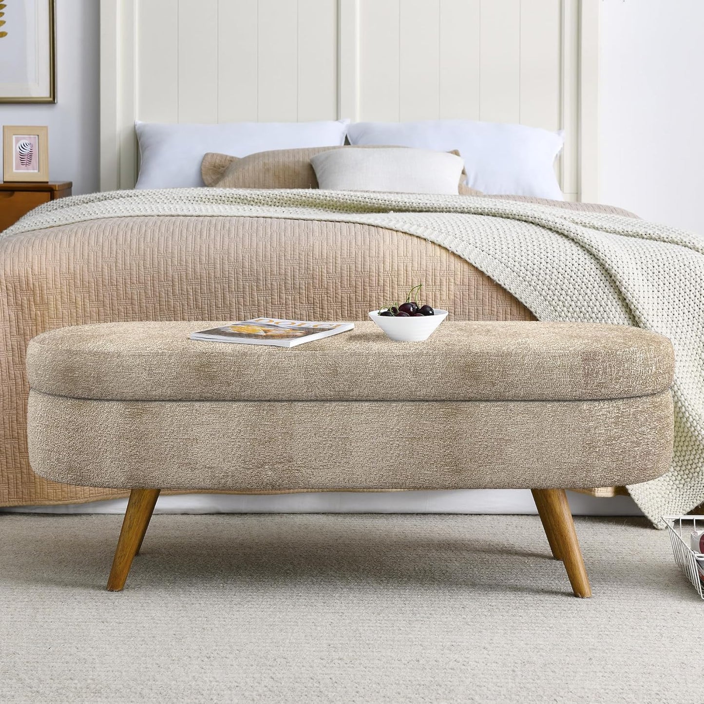 Oval Storage Bench 43.5" Linen Fabric Upholstered Entryway Bench with Solid Wood Legs Ottoman Bench Indoor Bench for Living Room/Bedroom/End of Bed/Entryway (Brown)