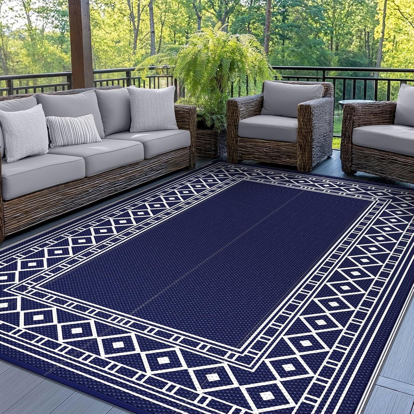 GENIMO Outdoor Rug Waterproof for Patio Decor, 5'x8' Reversible Plastic Straw Rug Carpet, Camping Mats for Outdoor, RV, Backyard, Deck, Balcony, Picnic, Blue & White
