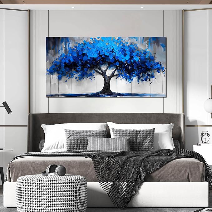 Blue Wall Art Large Tree of Life Wall Art for Living Room Bedroom Office Bathroom Modern Framed Canvas Prints Blue and Grey Picture Size 24x48