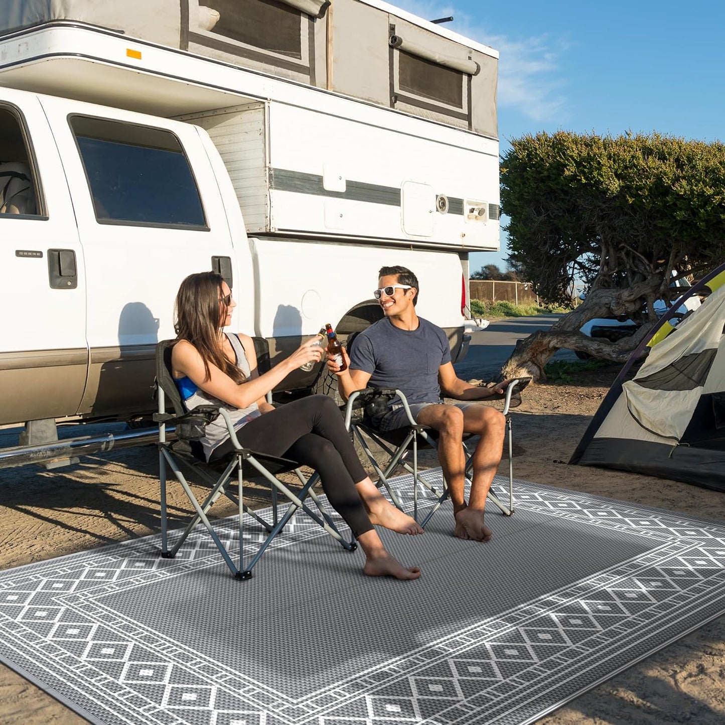 GENIMO Outdoor Rug Waterproof for Patio Decor, 5'x8' Reversible Plastic Straw Area Carpet, Camping Outside Mat for Outdoor, RV, Deck, Camper, Balcony,Picnic Grey & White