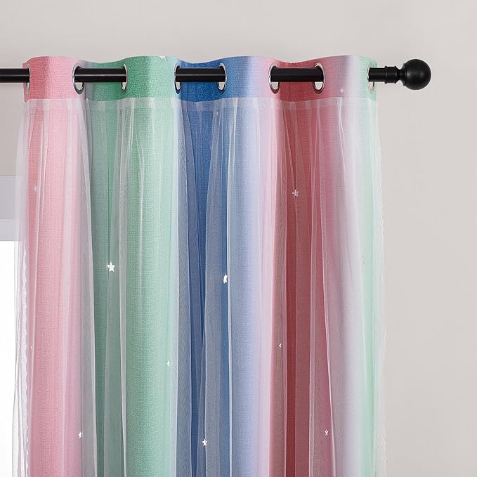 XiDi Curtains for Bedroom Decor, Rainbow Pink GreenBlue34/90/1