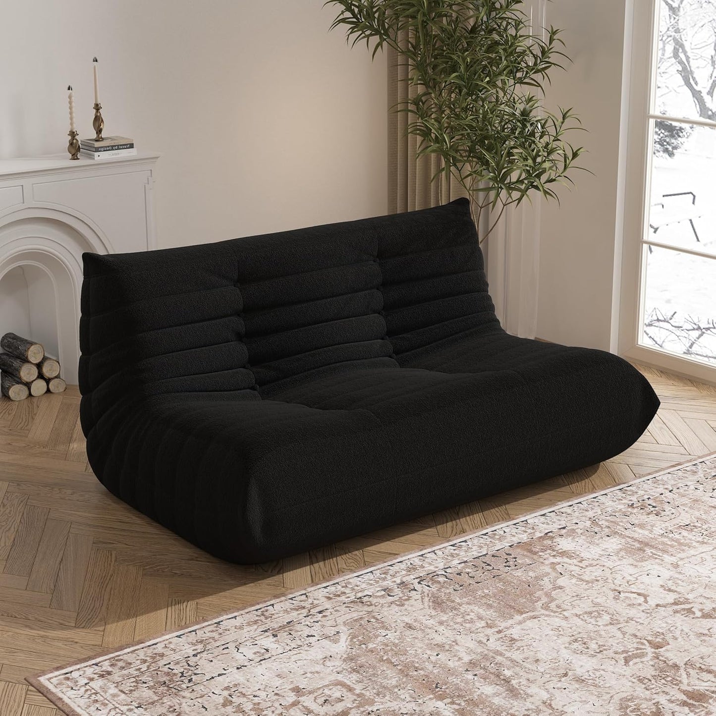 Bean Bag Chair, Loveseat Fireside Chair Bean Bag Sofa Large Bean Bag Chair for Adults, 2 Seater Bean Bag Chairs for Teens with High Density Comfortable Foam, Bean Bag for Living Room, Bedroom (Black)