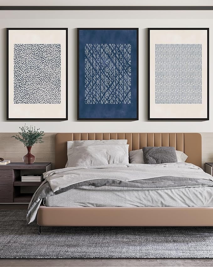 Drsoum Blue Mid-Century Modern Framed Wall Art Large 24x36in Minimalist Abstract Boho Wall Decor Geometric Artwork Kitchen Dining Room Black Framed