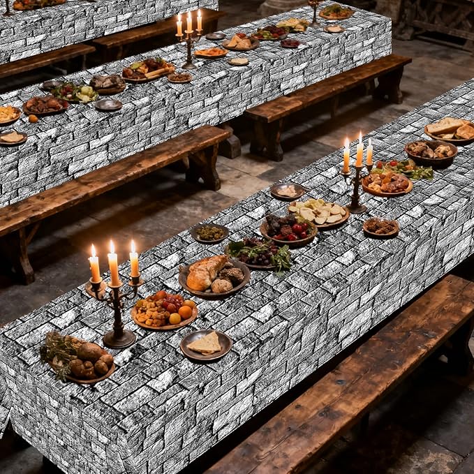 party greeting Stone Wall Tablecloth Roll 200FT x 51 Inch Disposable Brick Stone Plastic Table Covers Roll Castle Wall Backdrop for Halloween Western Birthday Medieval Party Decoration Favors Supplies