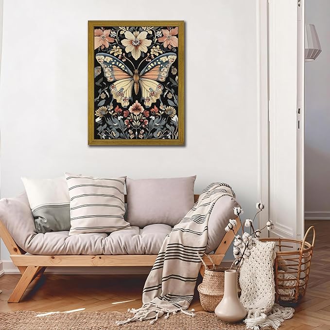 Hand Drawn Sandstone Nature Floral Wall Art, Framed Vintage 3D Textured Butterfly Wall Decor, Gothic Style Flower Insect Print Painting for Living Room Bedroom Home Decor 16x24 inch