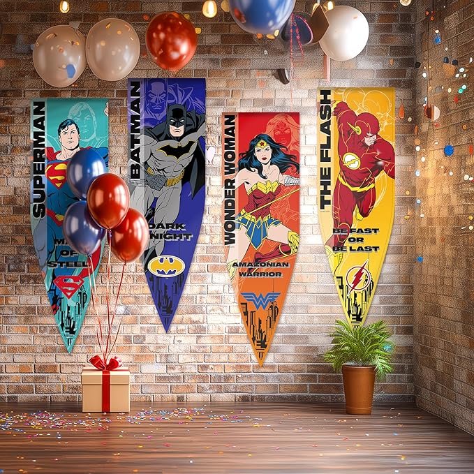 Superhero Banner Flag 4PC, 18"x59" Super Hero Backdrop Birthday Decorations, Superhero Pennant Flags for Party Room Wall Decor