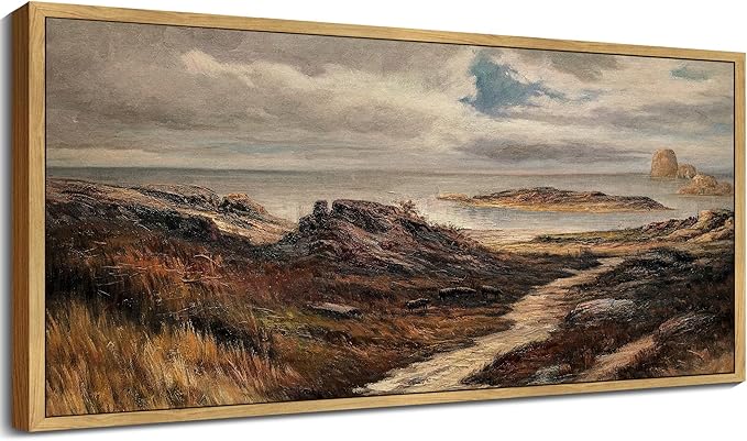 SHENIFY Vintage Framed Wall Art Seaside Path Wilderness Landscape Painting Retro Coastal Scenery Farmhouse Kitchen Living Room Decor - 8x16in Natural Framed