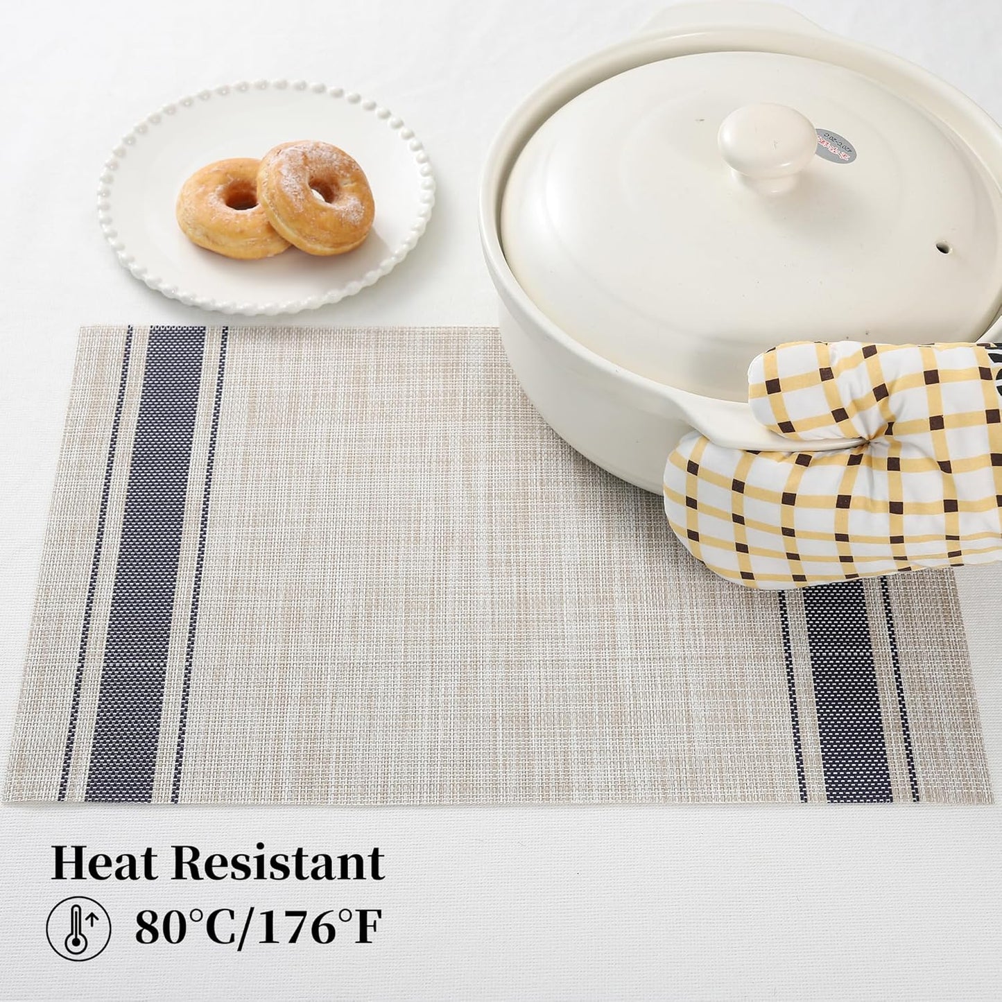 Leetaltree Khaki-Blue Placemats, Heat Resistant Non-Slip Place mats for Dining Table, Washable Durable PVC Vinyl Woven Table Mats (Set of 8)