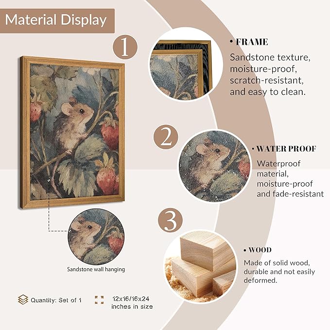 3D Textured Framed Vintage Mouse Wall Art, Whimsical Cottagecore Animal Wall Decor Painting, Rustic Farmhouse Forest Sandstone Artwork Picture for Nursery Living Room Bedroom 16x24 Inch