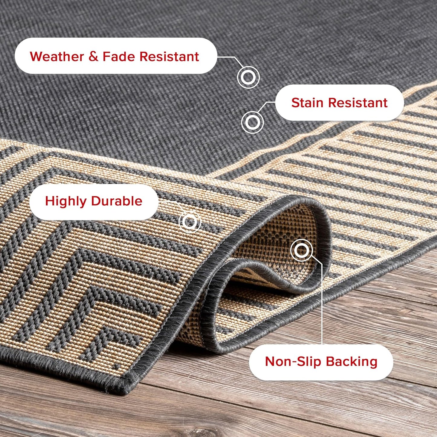 nuLOOM 2' x 8' Outdoor Area Rug, Casual Design With Striped Border, Stain Resistant, Highly Durable, For Patio, Balcony, Bedroom, Living Room, Dining Room, Bathroom, Dark Grey