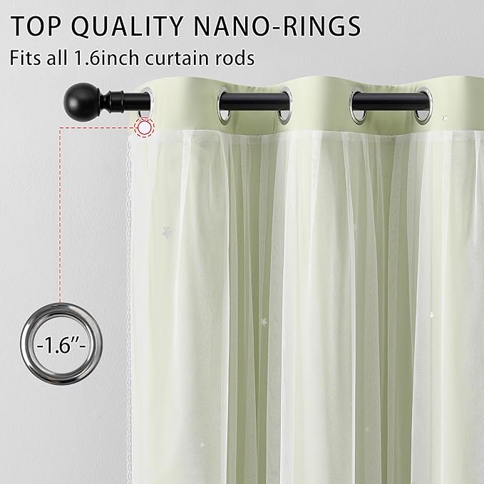 XiDi Green Short Blackout Curtains for Bedroom 54 Inches Long 2 Panels Set, Hollw Star Design, Thermal Insulated Energy Saving Window Treatment Curtains Blackout Drapes, W52 x L54 Inch, Sage Green