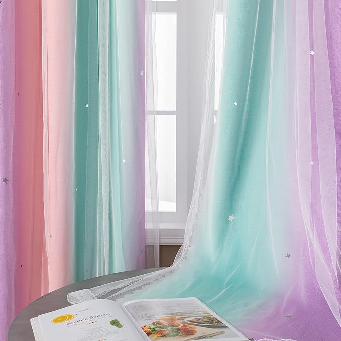 XiDi Dream Star Blackout Curtains for Kids Rooms Girl Princess Curtain for Daughter Bedroom Window (Pink Purple Green, W52 X L72)