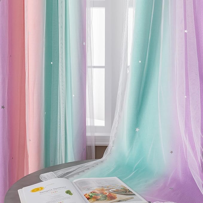 XiDi Pink Green Curtains 108 Inches Long, Unicorn Wall Decals for Kids Rooms, Purple Curtains for Toddler Bedroom, Wall Decals for Girls Dedroom Curtain 52 Inches Wide 1 Panel