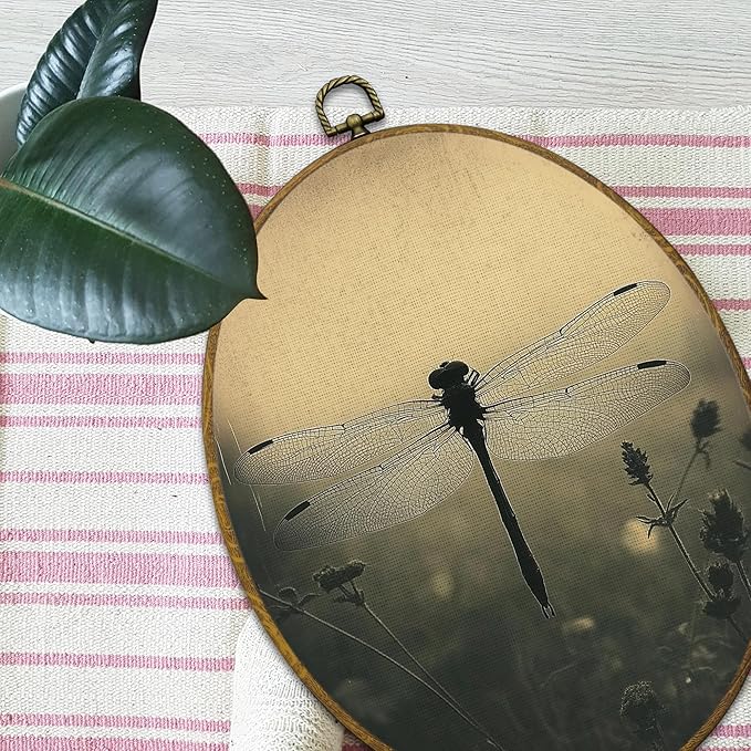 Mcehtle Moody Dragonfly Wall Art Decor, Vintage Dark Academia Insect Oval Framed Canvas Prints 8.6x11.4, Cottagecore Farmhouse Wall Hanging Artwork Decorations for Gallery Home Bedroom Living Room