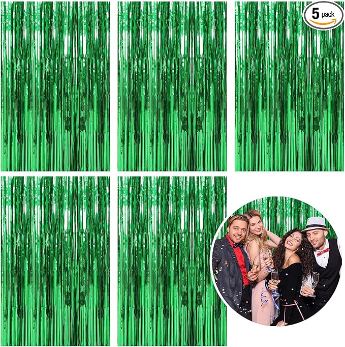 5 Pack Foil Curtain Backdrop Green Metallic Tinsel Foil Fringe Curtains Photo Booth Props for Birthday Wedding Engagement Baby Shower Bachelorette Christmas Holiday Celebration Party Decorations