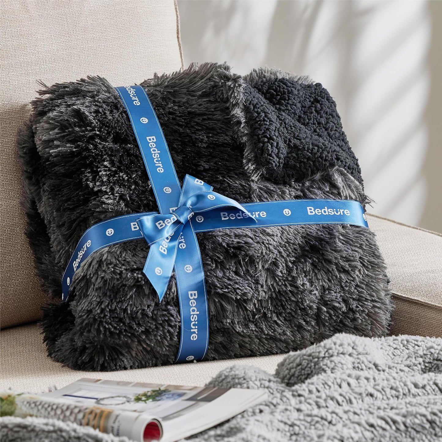 Bedsure GentleSoft Fluffy Black Blanket Cozy Gifts for Men, Black Home Decor Soft Fuzzy Plush Thick Warm Sherpa Fleece Faux Fur Throw Blanket for Couch Bed, Living Room College Dorm Decor, 50x60