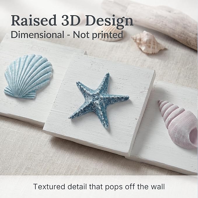Tide and Tales 3D Beach Wall Art - Seashell with Starfish for Coastal Bathroom Decor, Ocean Inspired Decor for Bathroom, Coastal Bedroom, Living Room or Beach House, Set of 3 (6”x 6”)