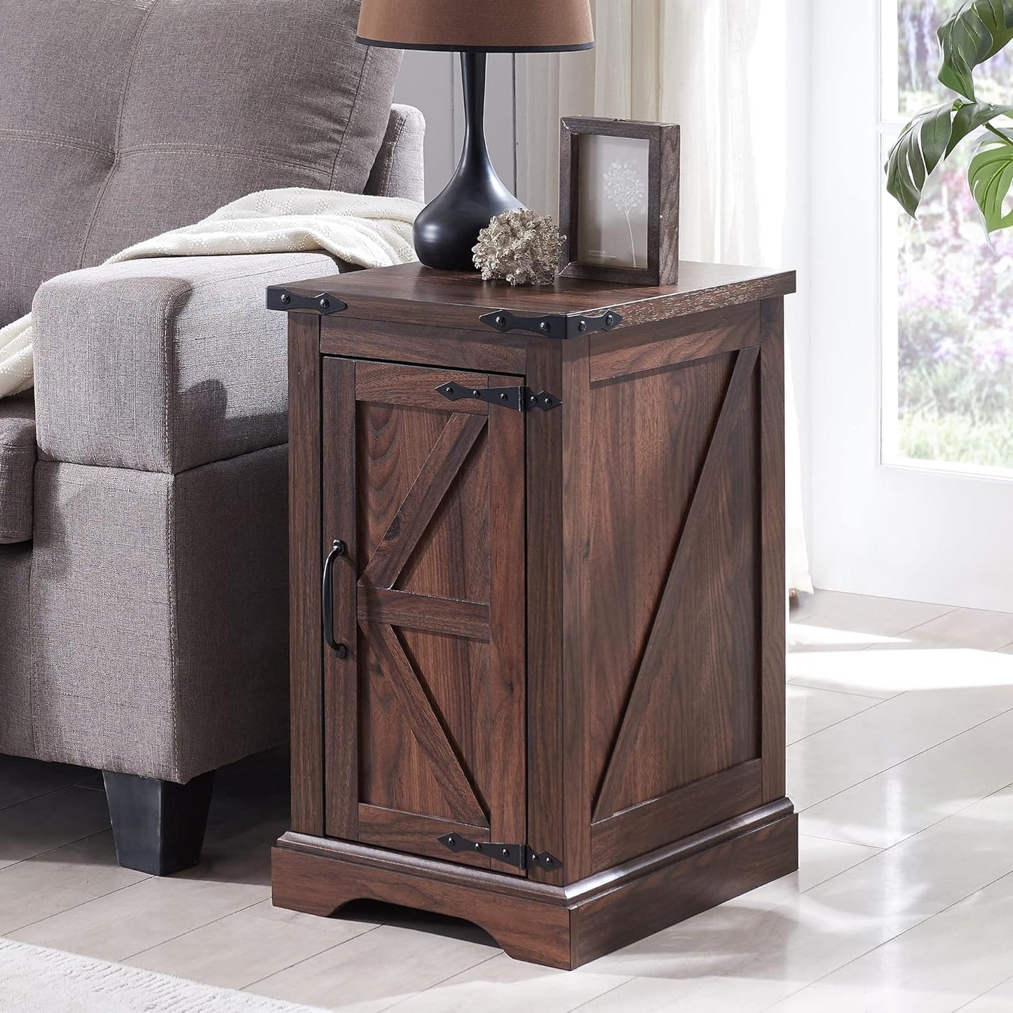 JXQTLINGMU Farmhouse Nightstand Set of 2 with Charging Station, 17" D Rectangular End Table with Barn Door & Adjustable Storage Shelf, Wood Rustic Sofa Side Table for Living Room, Bedroom, Brown