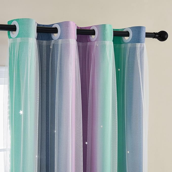 XiDi Curtains for Bedroom Decor, Rainbow Purplgreen grey52/45