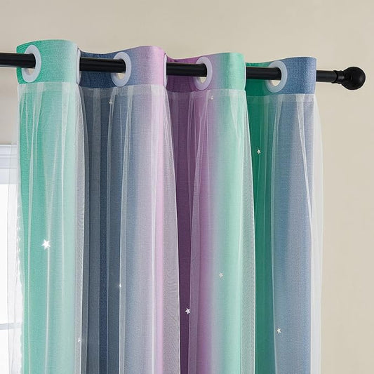 XiDi Curtains for Bedroom Decor, Rainbow Purplgreen grey34/45