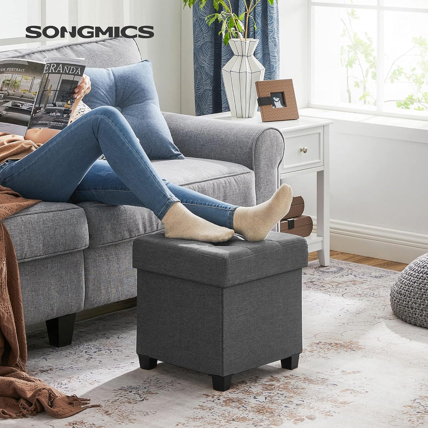 SONGMICS 15 Inches Cube Storage Ottoman, Bedroom Bench with Storage, Foot Stool with Feet, Holds Up to 660 lb, Dark Gray ULSF14GYZ