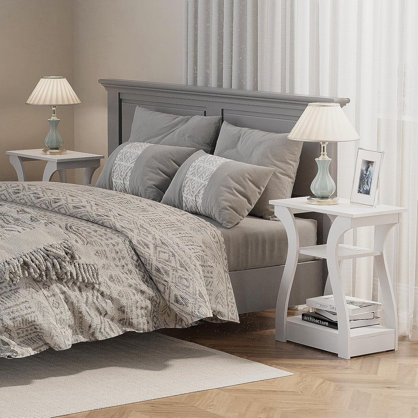 End Tables Living Room Set of 2,End White Table with Charging Station, Side Table, Nightstand for Bedroom, 3 Tier End Table with Storage Shelf for Living Room White