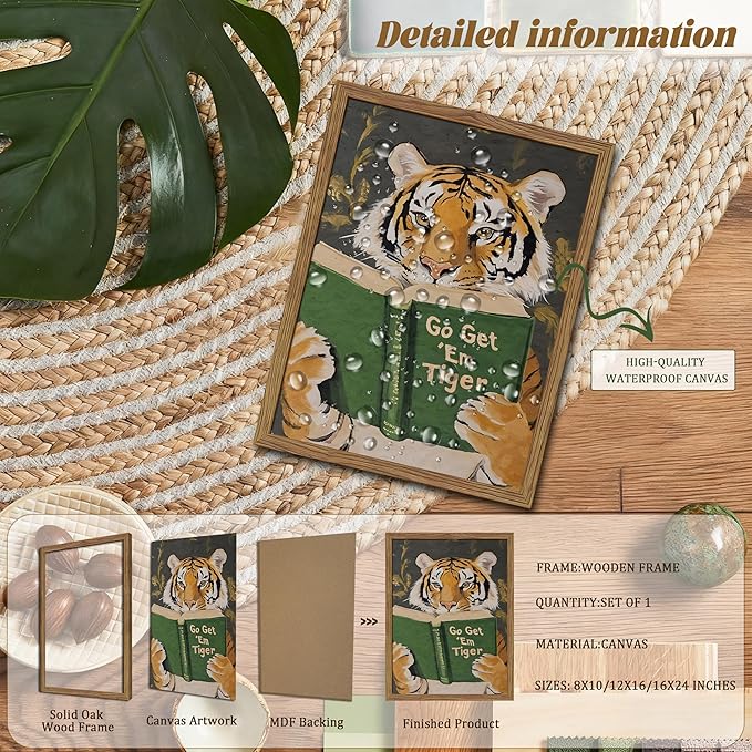 Framed Tiger Canvas Wall Art, Motivational Tigers Reading Poster Print, Humorous Bookworm Pictures Wall Decor, Vintage Go Get Em Tiger Painting for Office Library Bedroom Decor 16x24 inch