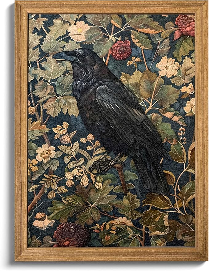 Framed 3D Textured Vintage Wall Art - Dark Academia Decor Hand Drawn Sandstone Black Crow Paintings with Botanical Florals, Aesthetic Wall Decor for Living Room Bedroom Home 24x36 inch