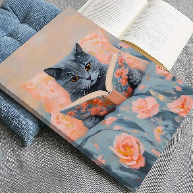 Framed Cat Reading Book Canvas Wall Art, Cute Gray Kitten Painting Print, Funny Animal Lovers Picture Wall Decor for Bedroom Living Room Kids Room Girls Room Home Decor 12x16 Inch