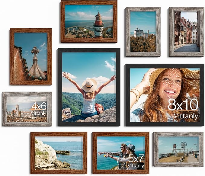 Vittanly 10 Pack Picture Frames, Picture Frames Collage Wall Decor with Two 8x10, Four 5x7, Four 4x6 Photo Frames, Gallery Wall Frame Set for Wall or Tabletop Display, Black, Walnut Brown, Dark Grey