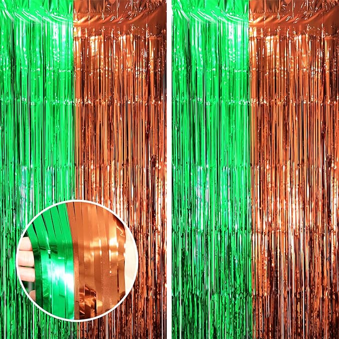 2 Pack Football Party Decorations, Green and Brown Foil Fringe Backdrop Curtains, Tinsel Streamers, Door Shimmer for Super Bowl or Birthday Party