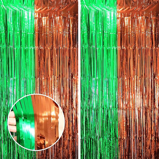 2 Pack Football Party Decorations, Green and Brown Foil Fringe Backdrop Curtains, Tinsel Streamers, Door Shimmer for Super Bowl or Birthday Party