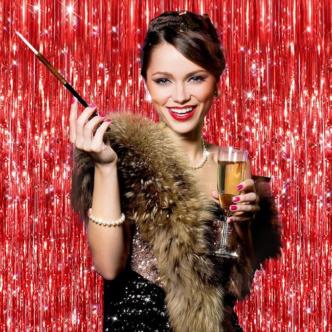 GCB 2 Pack Red Tinsel Backdrop, Fringe Curtains, Red Foil Tinsel Party Streamer Backdrop Curtains for Valentines Day, Wedding Photo Backdrop Party Decorations for Wedding Anniversaries Bridal Shower