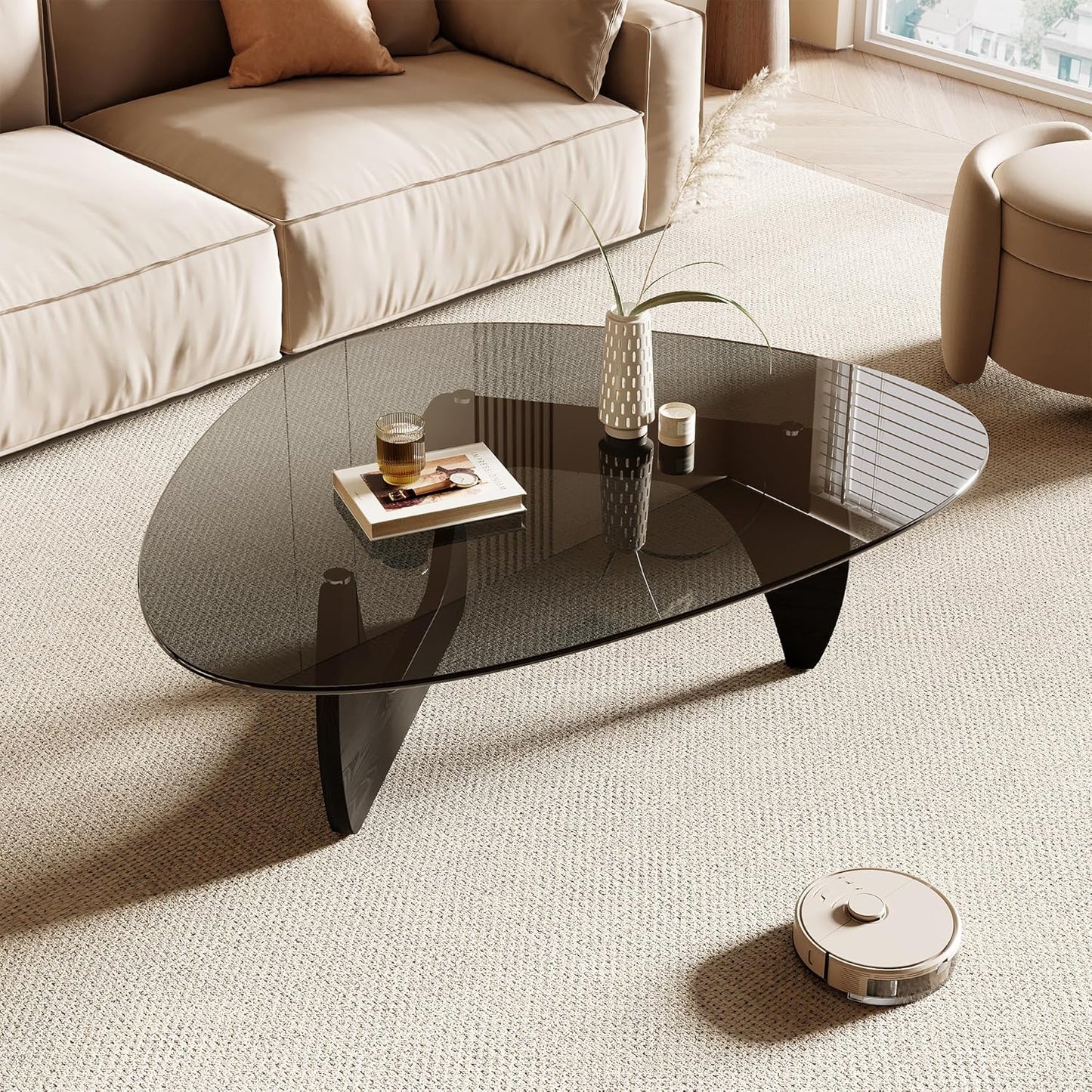 Honyee Morden Coffee Table, 42.5" x 28.5" x 16.1" Triangle Tempered Glass Top for Living Room, Color: Black